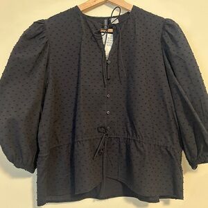 H&M Black Textured Blouse with Puff Sleeves